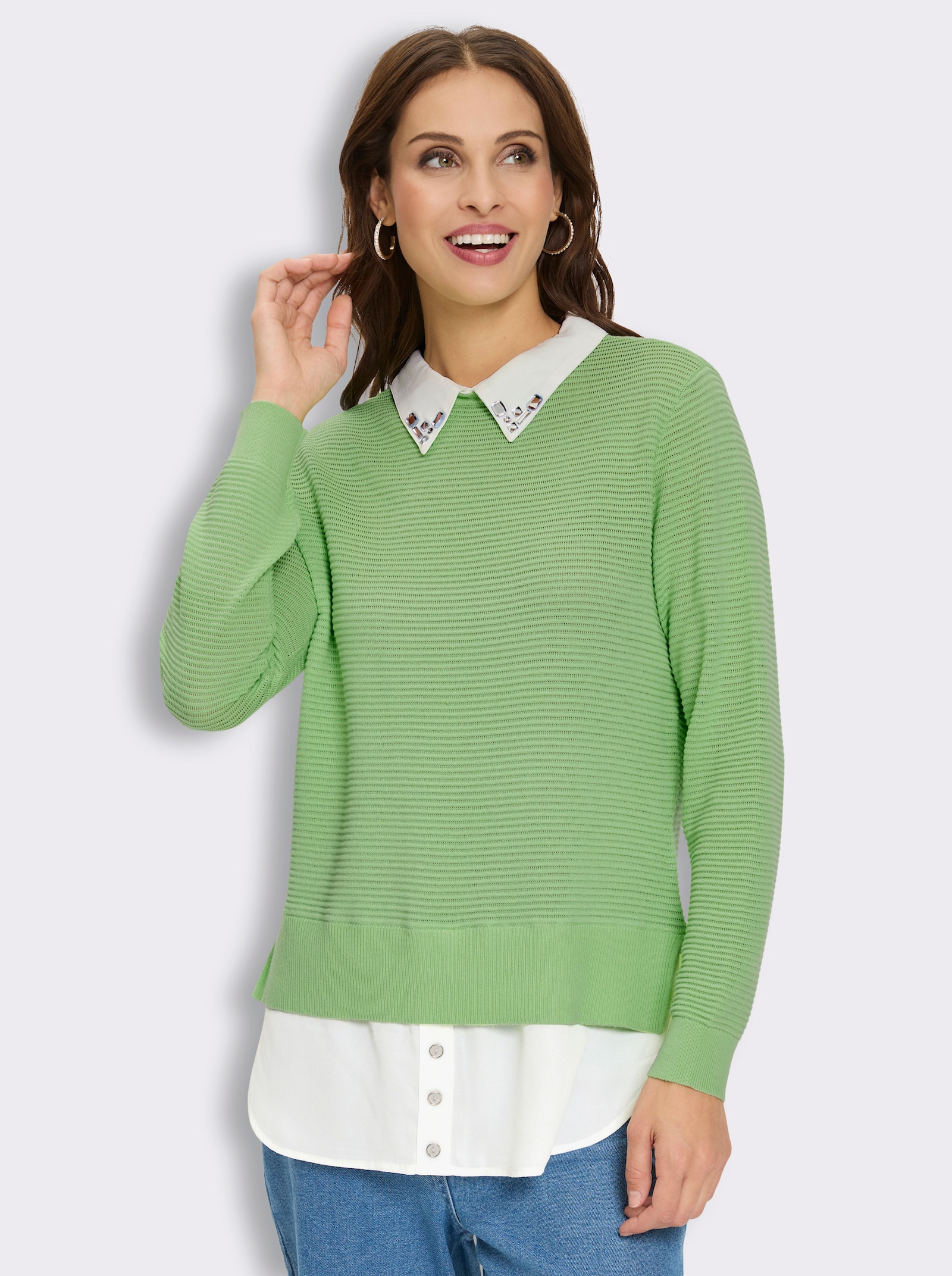 2-in-1-Pullover mit Steinchenverzierung am Kragen - reseda