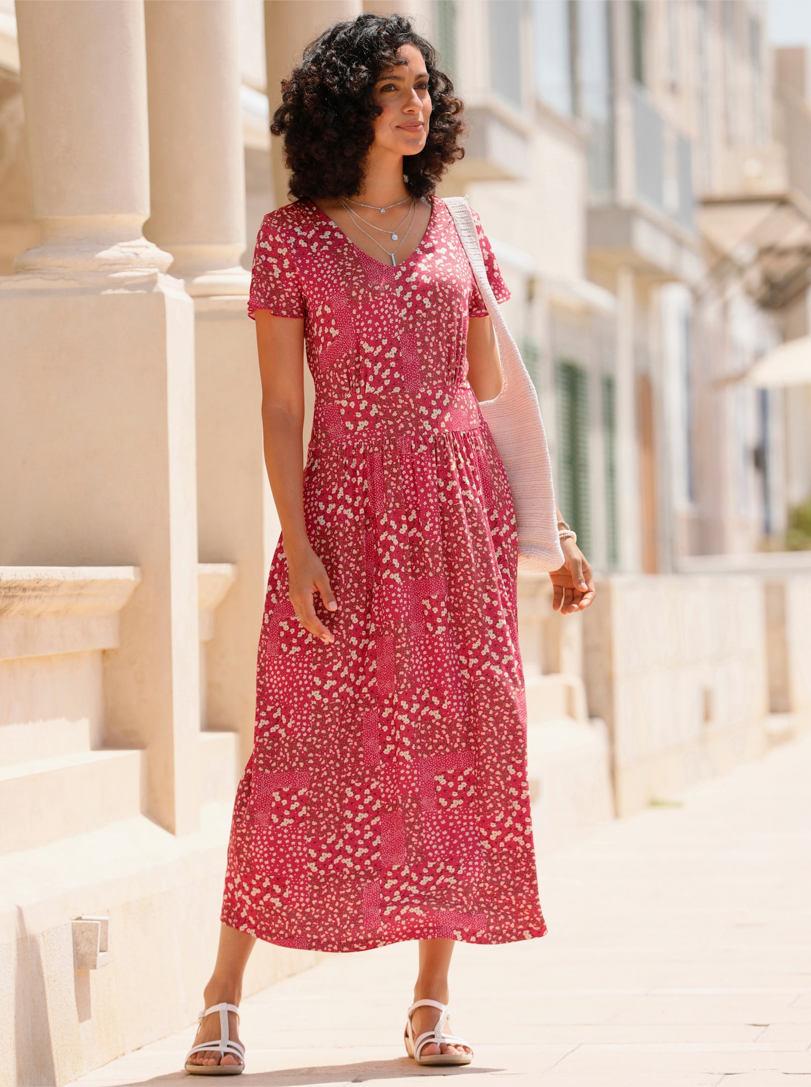 Jerseykleid mit Flügel-Ärmeln - erdbeere-champagner-bedruckt