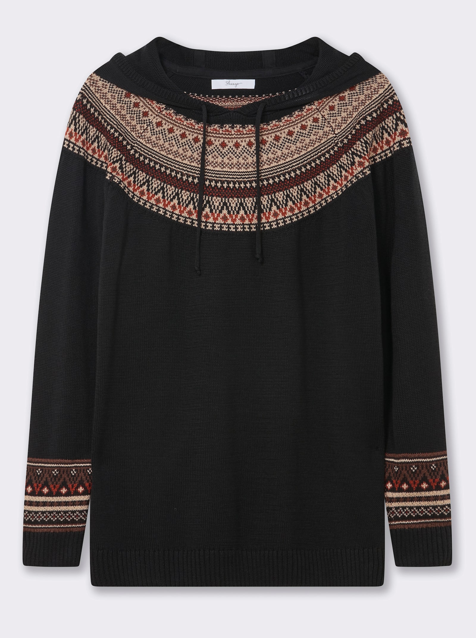 sheego Kapuzenpullover mit Jacquardmuster - schwarz-beige-gemustert