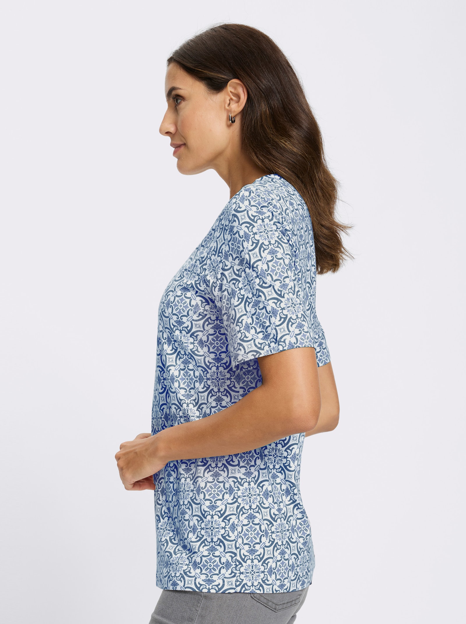 Tričko s potiskem ze směsi bavlny a modalu - ecru-džínová modrá-potisk