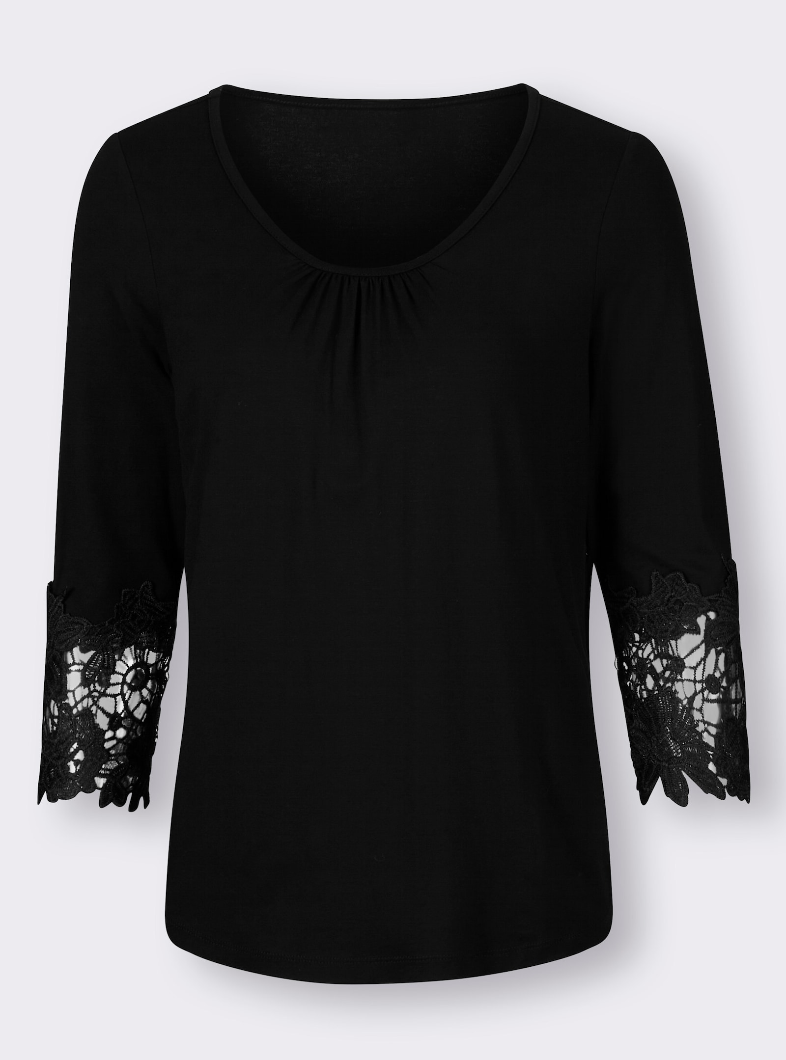 Rundhalsshirt mit Spitzenabschluss - schwarz
