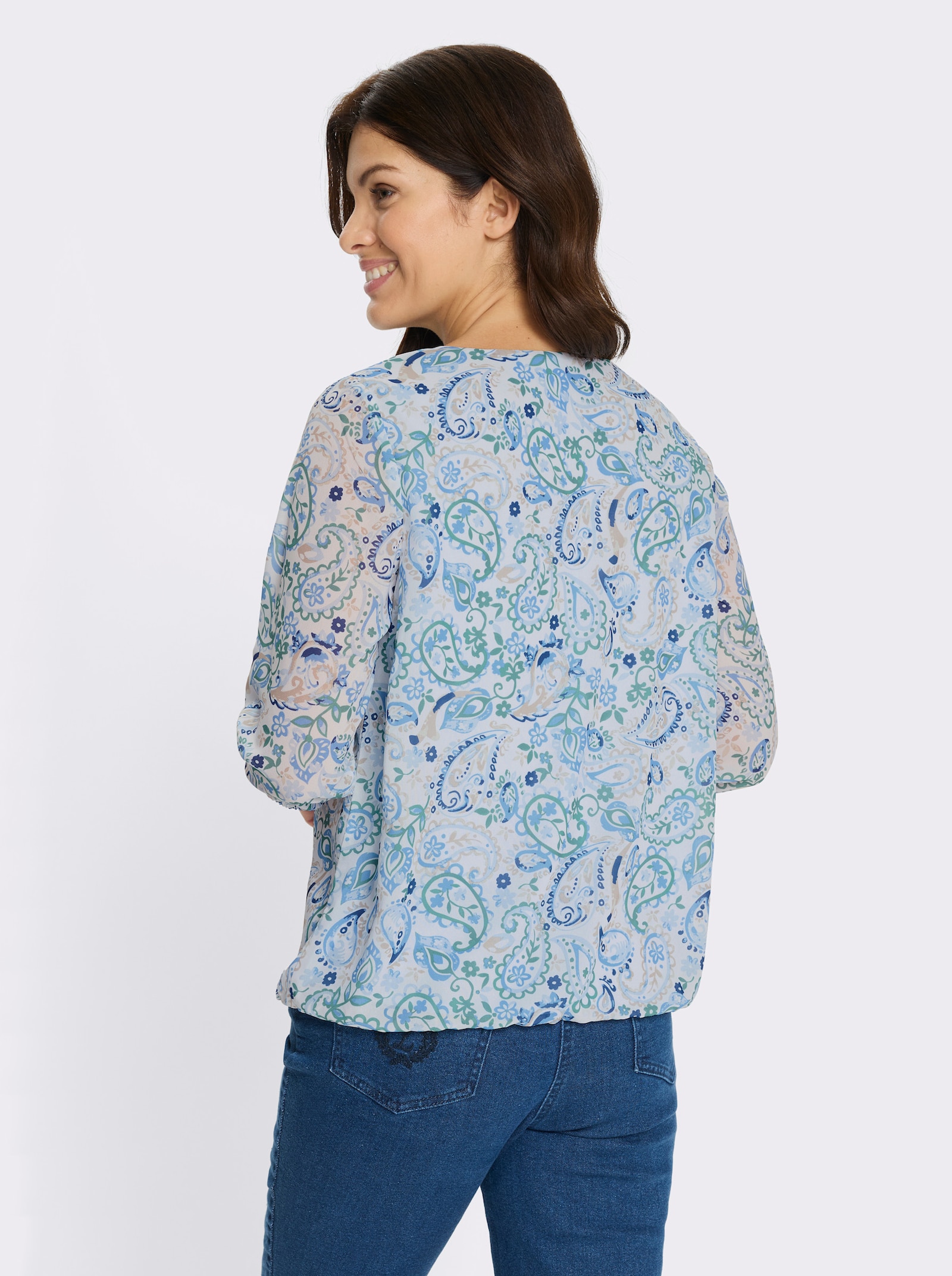 Schlupfbluse in Georgette-Qualität - himmelblau-ecru-bedruckt