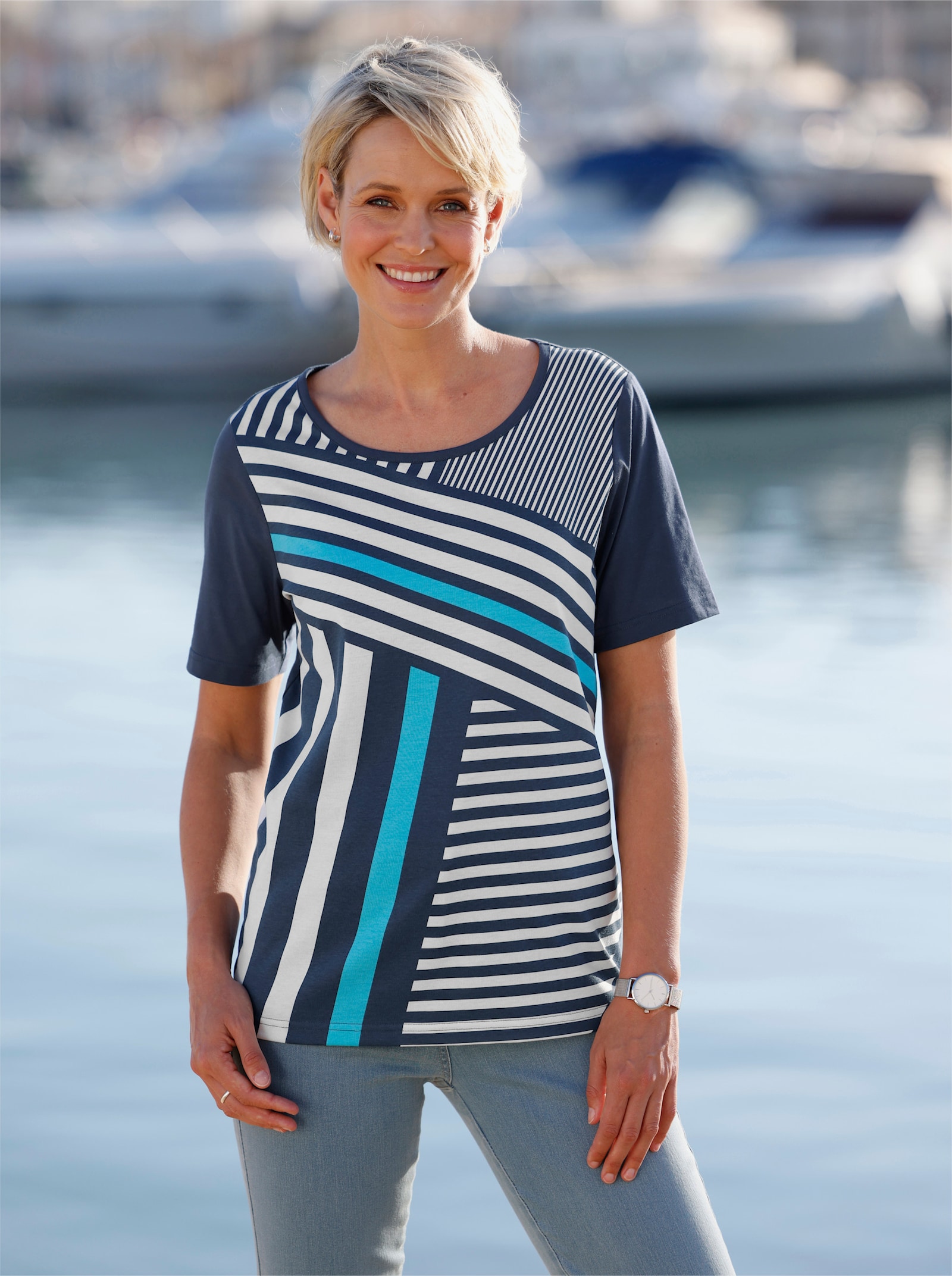 Tričko s krátkymi rukávmi a potlačeným vzorom vpredu - Tmavomodro-tyrkysová