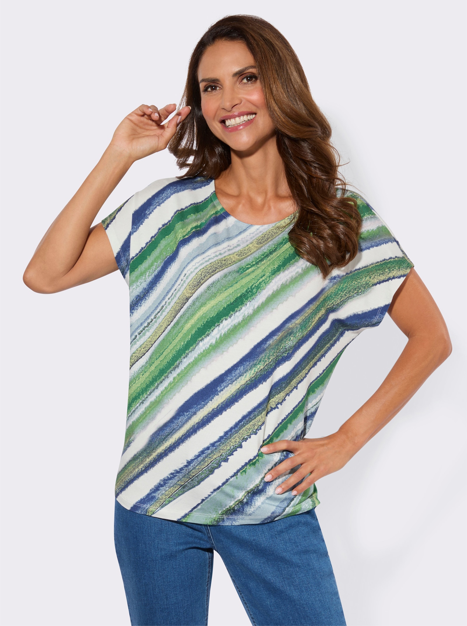 Print-Shirt mit Streifen - marine-pistazie-bedruckt