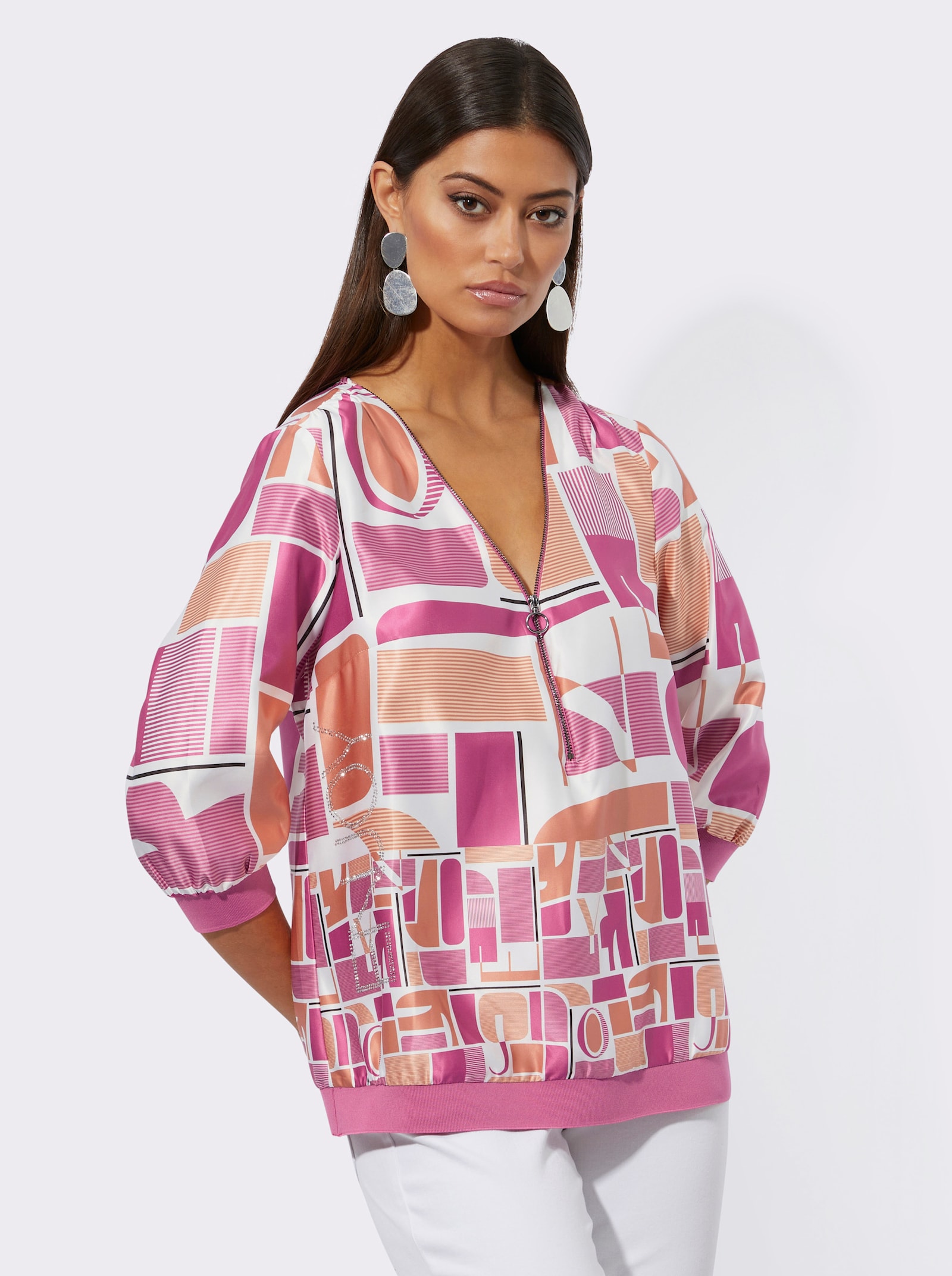 Satinbluse im Grafikdruck mit Schriftzug - papaya-fuchsia-bedruckt