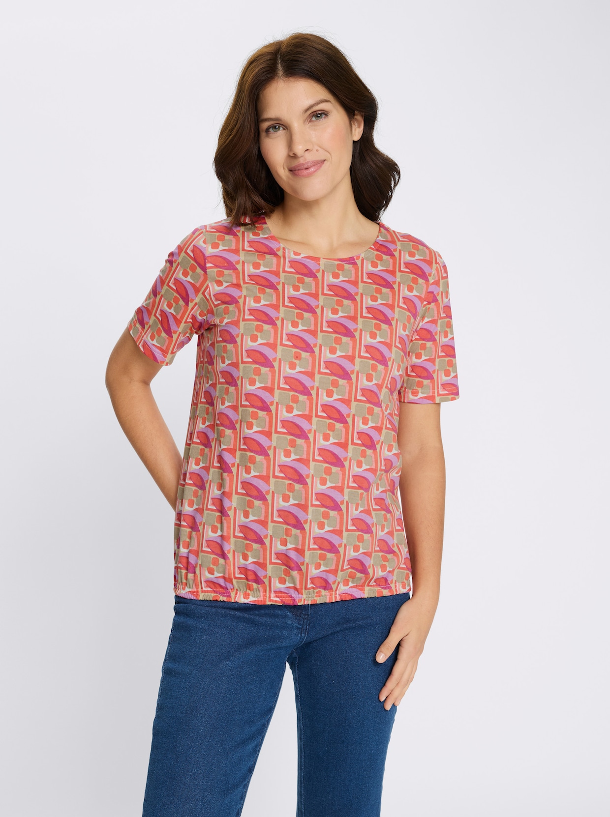 Kurzarmshirt mit grafischem Druckmuster - sesam-koralle-bedruckt