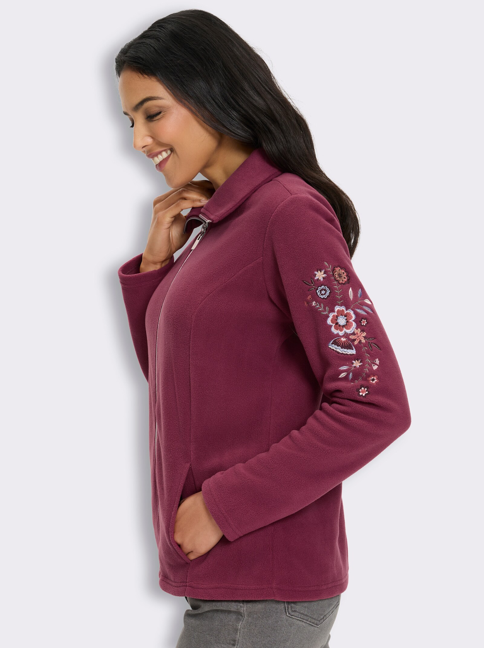 Fleecejacke mit Blütenstickerei - bordeaux
