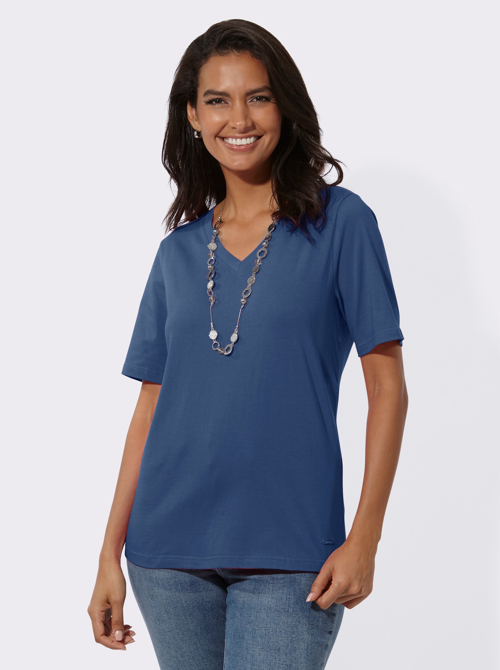 Kurzarmshirt mit V-Ausschnitt - jeansblau