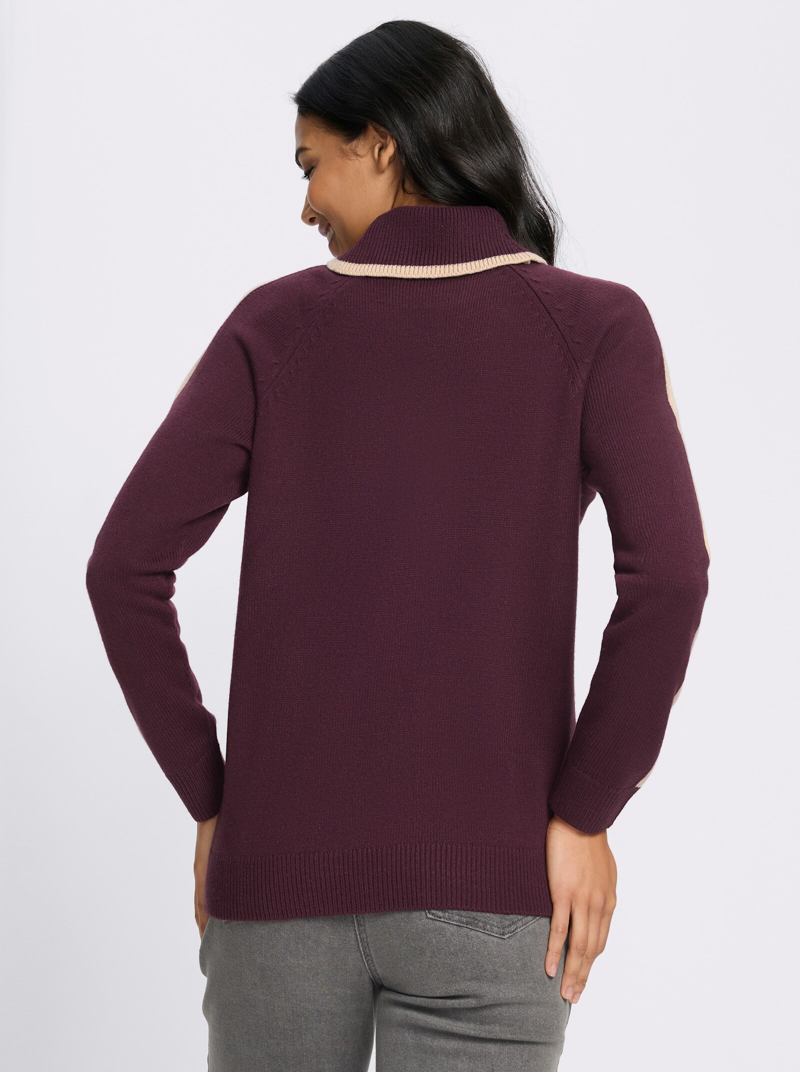 Rollkragenpullover mit Raglan-Ärmeln - burgund-beige