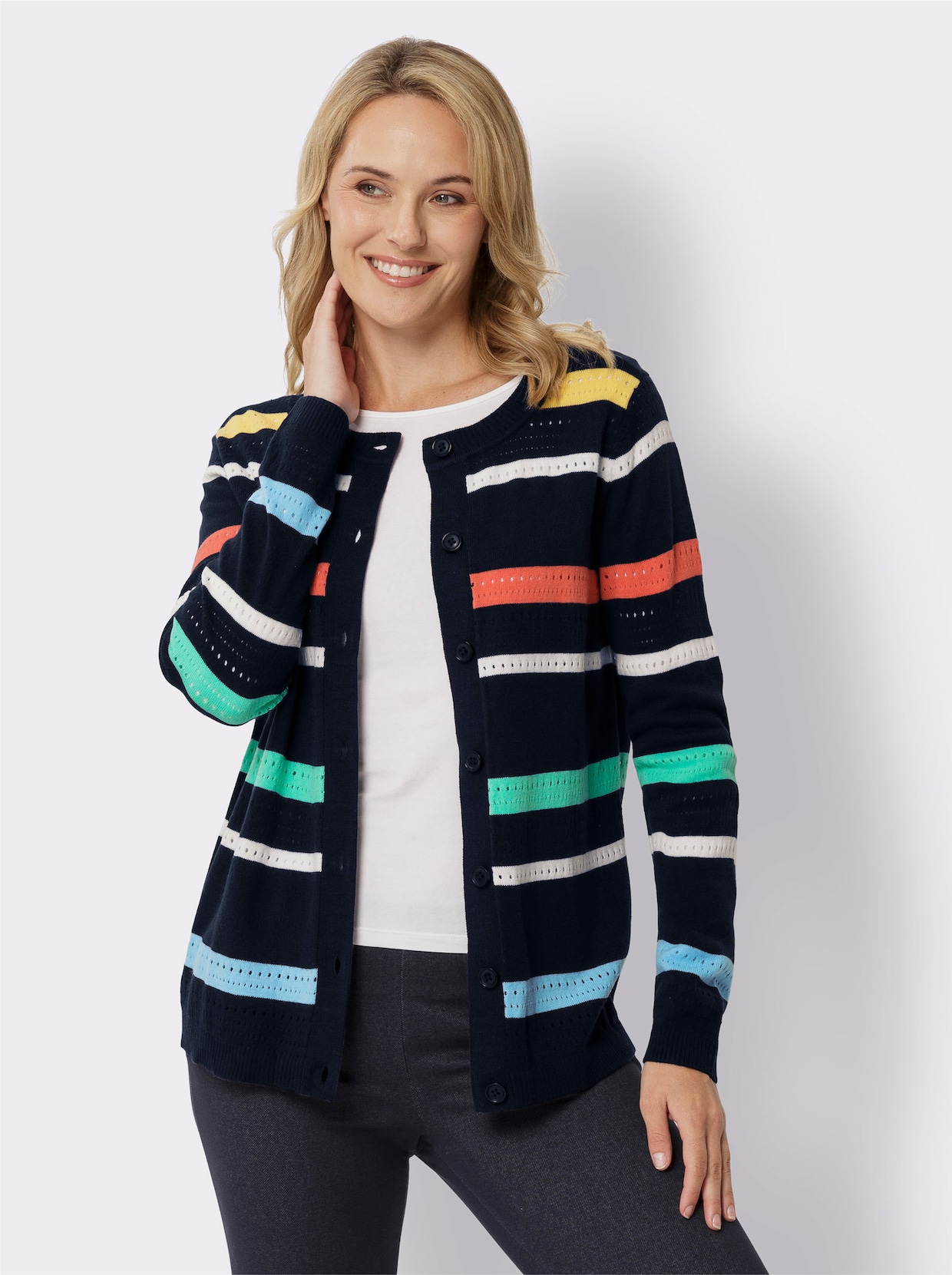 Ajourstrickjacke - marine-grapefruit-geringelt