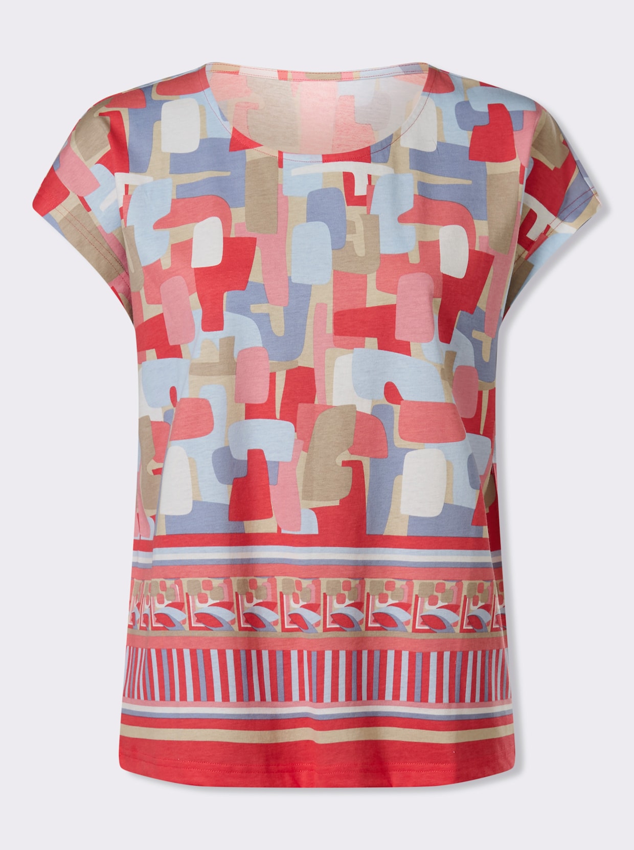 Kurzarmshirt mit buntem Bordüren-Druck - koralle-flamingo-bedruckt