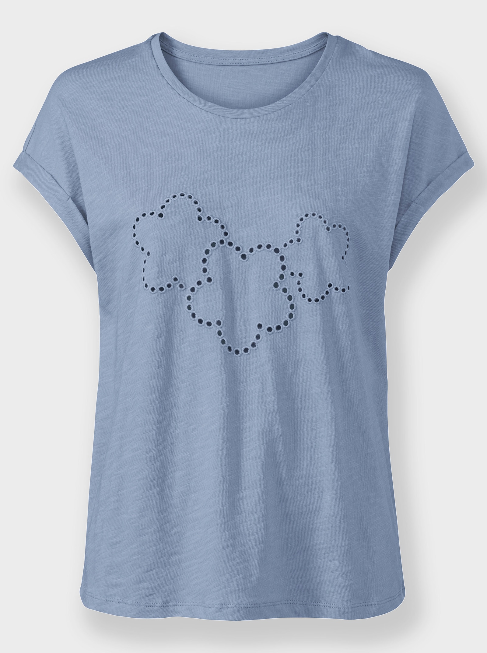 Rundhalsshirt mit Lochstickerei - bleu