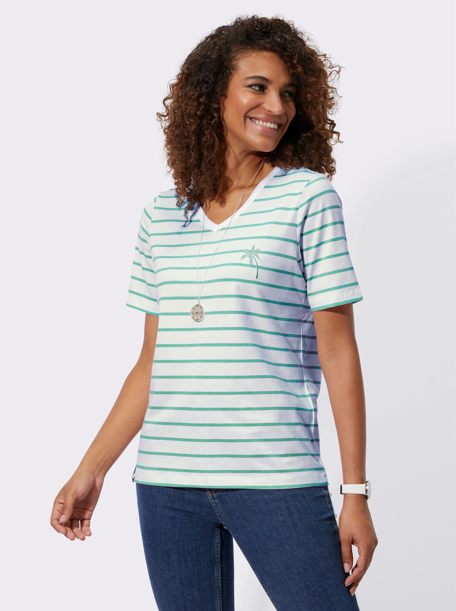 Shirt mit Stickerei, geringelt - salbei-ecru-geringelt