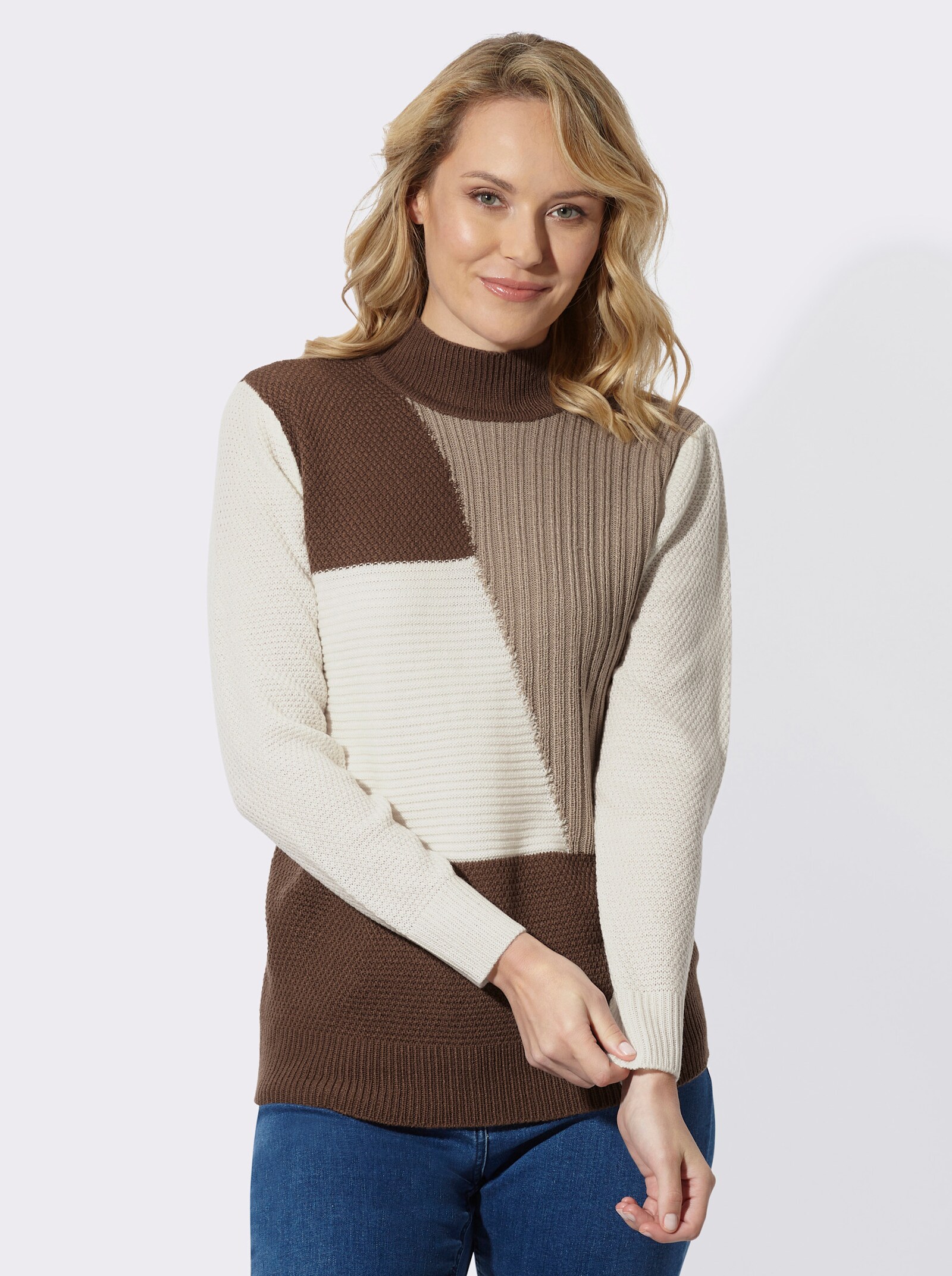 Stehkragenpullover in Patchwork-Optik - braun-ecru-gemustert
