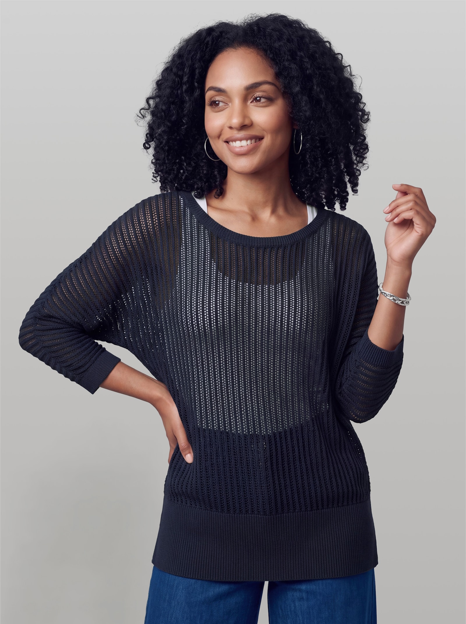 heine Ajourpullover mit weitem Ausschnitt - marine