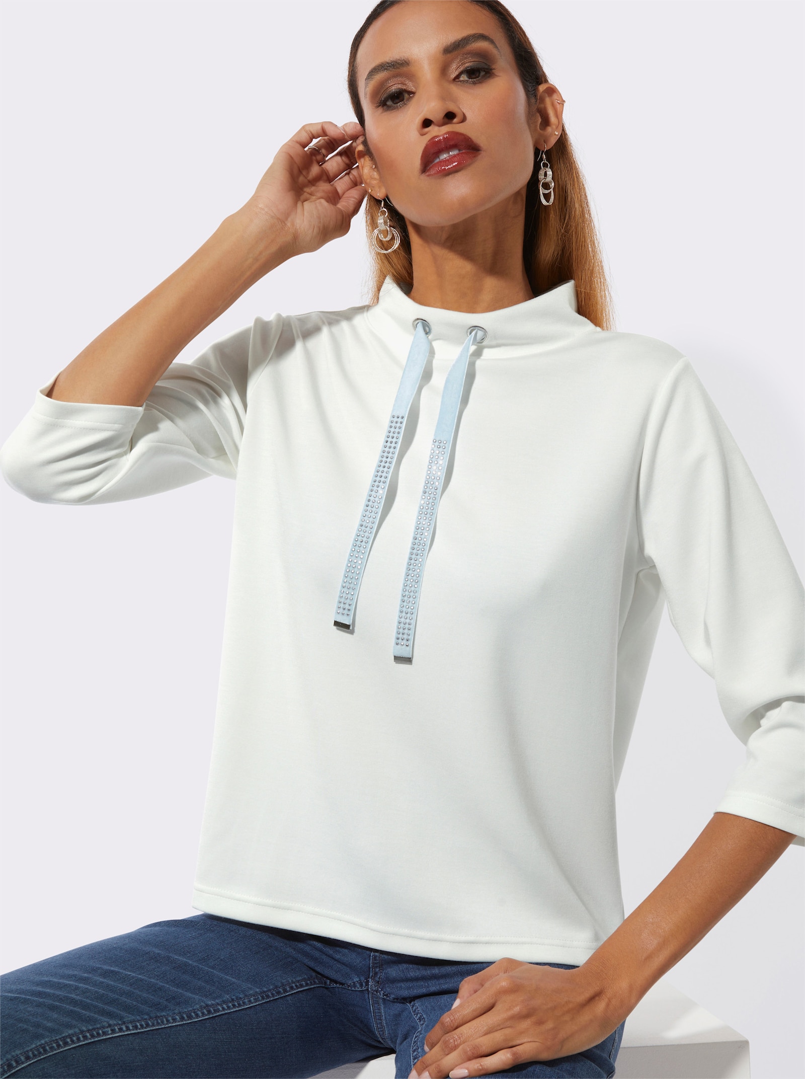 Stehkragenshirt mit Samtband - ecru