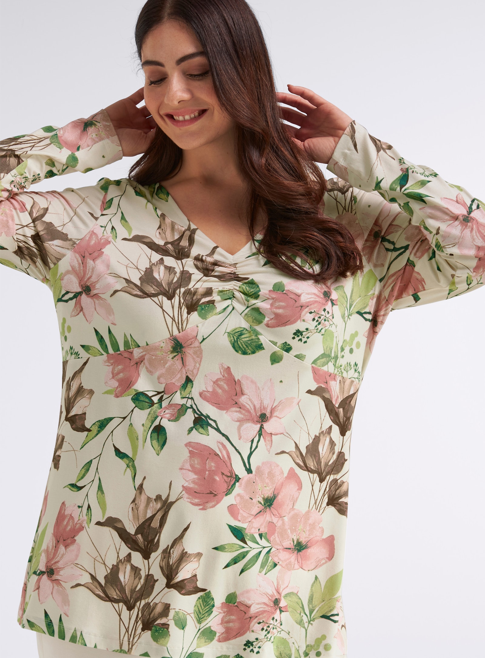 sheego Langarmshirt mit doppellagiger Front - champagner-puder-bedruckt