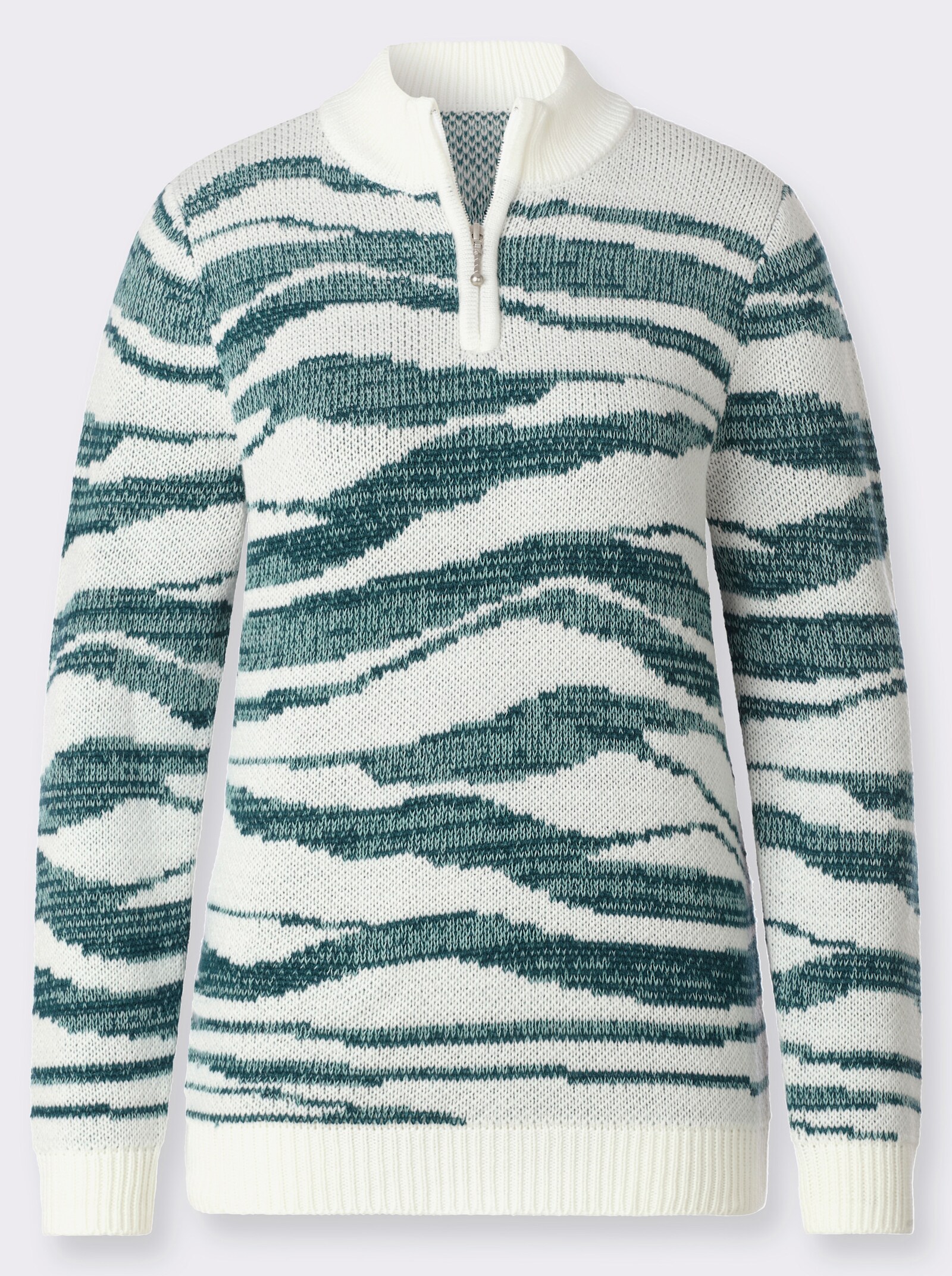 Jacquard-Pullover mit Stehkragen - ecru-salbei-gemustert