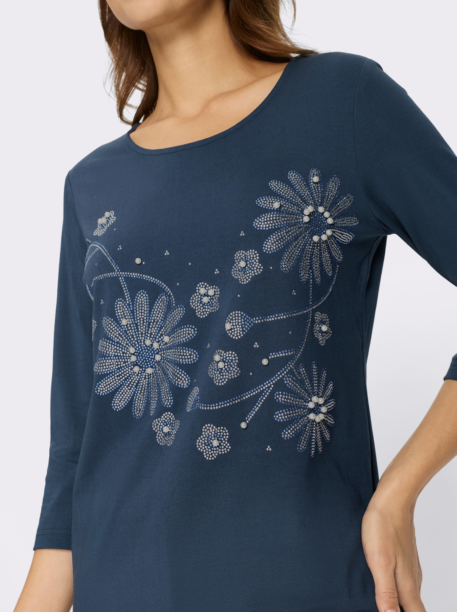 Rundhalsshirt mit Zierperlen und Glitzersteinchen - dunkelblau