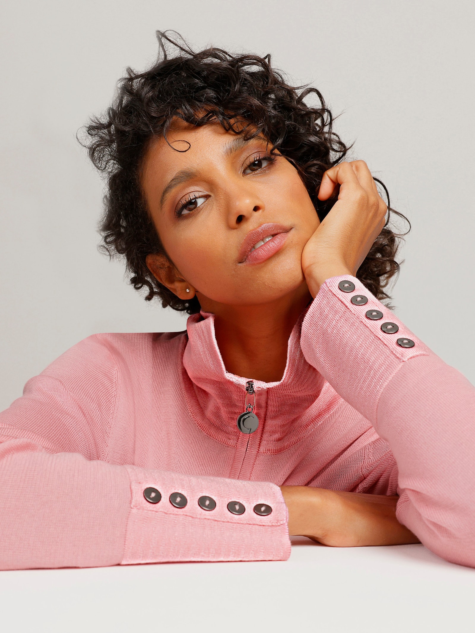 CREATION L PREMIUM Feinstrickjacke mit gestreiften Abschlüssen - rosenquarz