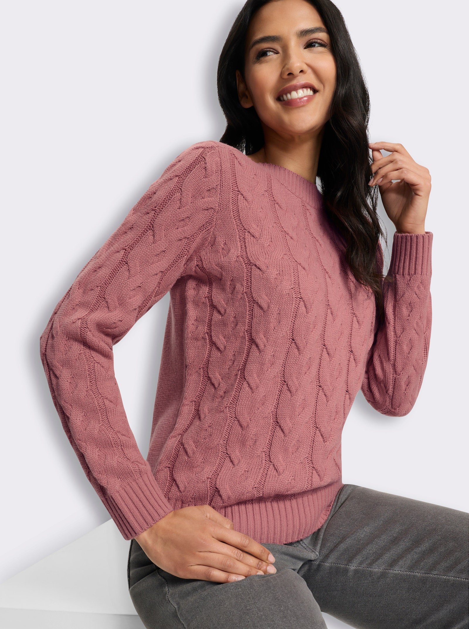 Langarm-Pullover mit Zopfmuster - rosenholz
