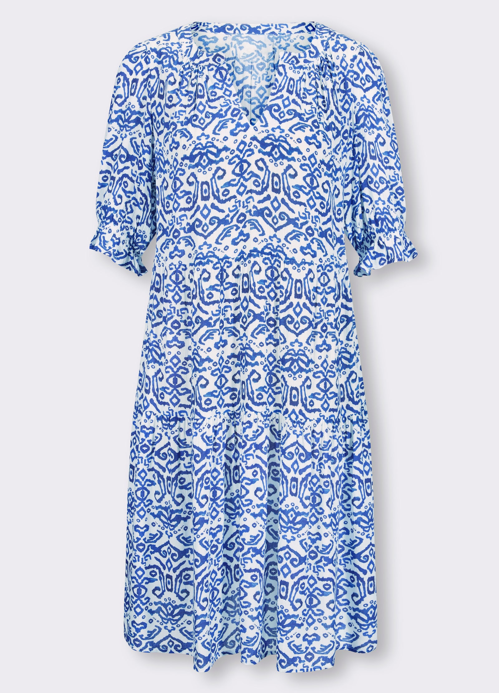 heine Webkleid mit Volants - ecru-royalblau-gemustert