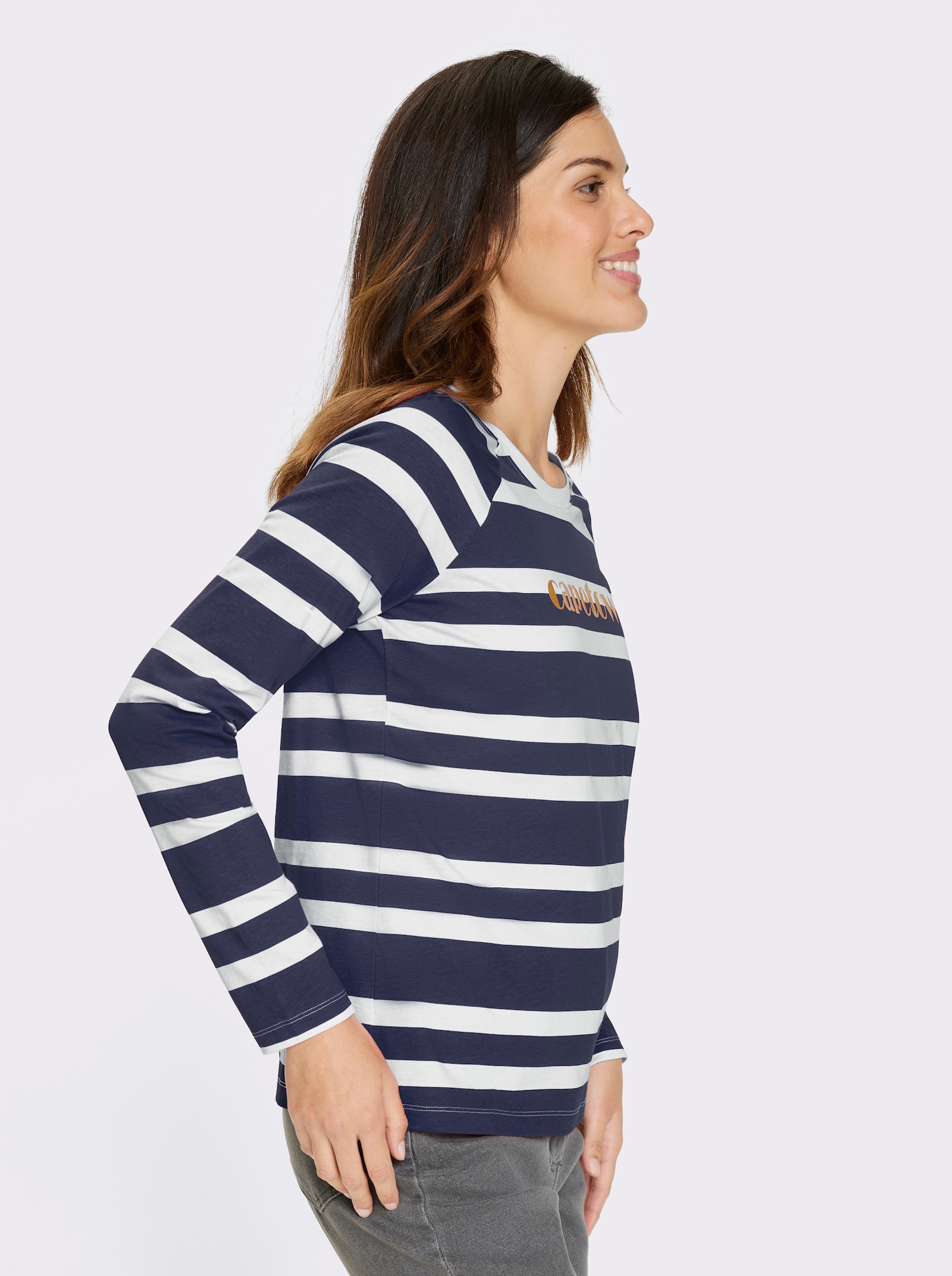 Streifenshirt mit goldfarbener Aufschrift - marine-weiss-geringelt