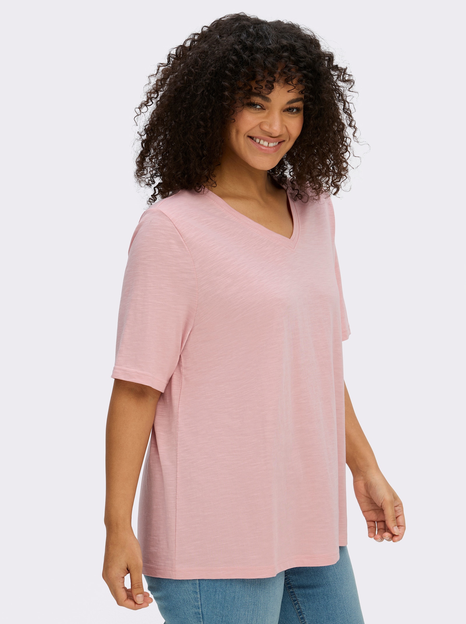 sheego Shirt met V-hals in vlamgarenlook - hortensia