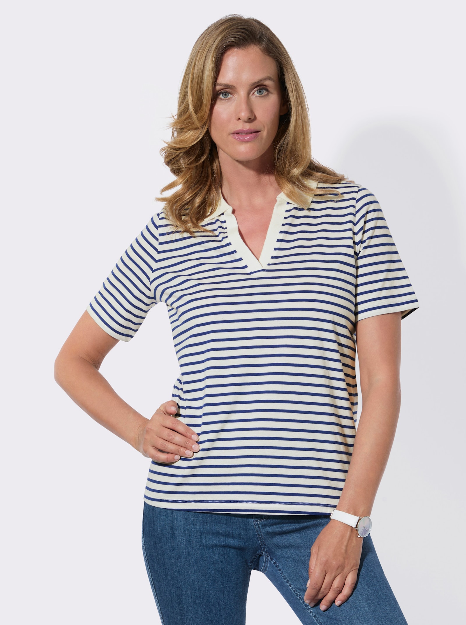 Poloshirt mit Ringeln - ecru-royalblau-geringelt