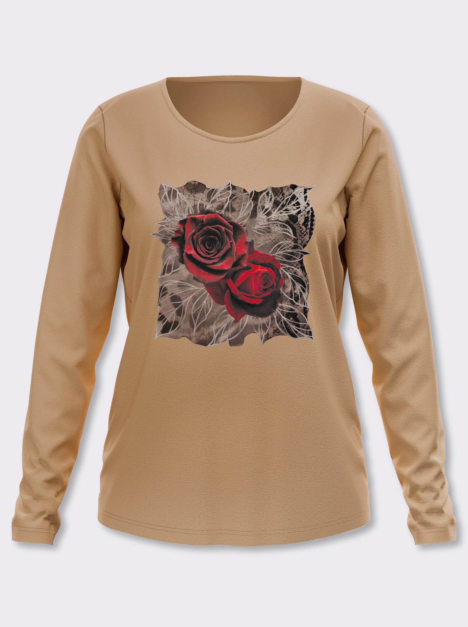 Langarmshirt mit platziertem Rosen-Leo-Print - camel