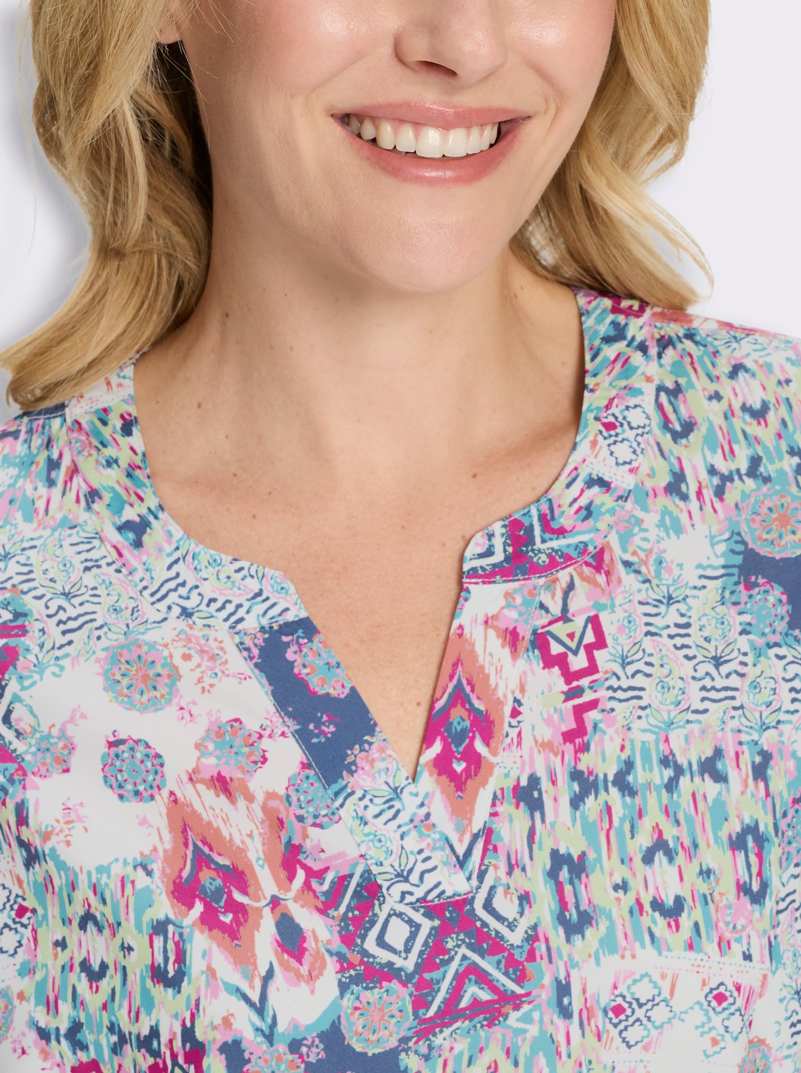 Schlupfbluse mit Patchwork-Muster - jeansblau-magenta-bedruckt