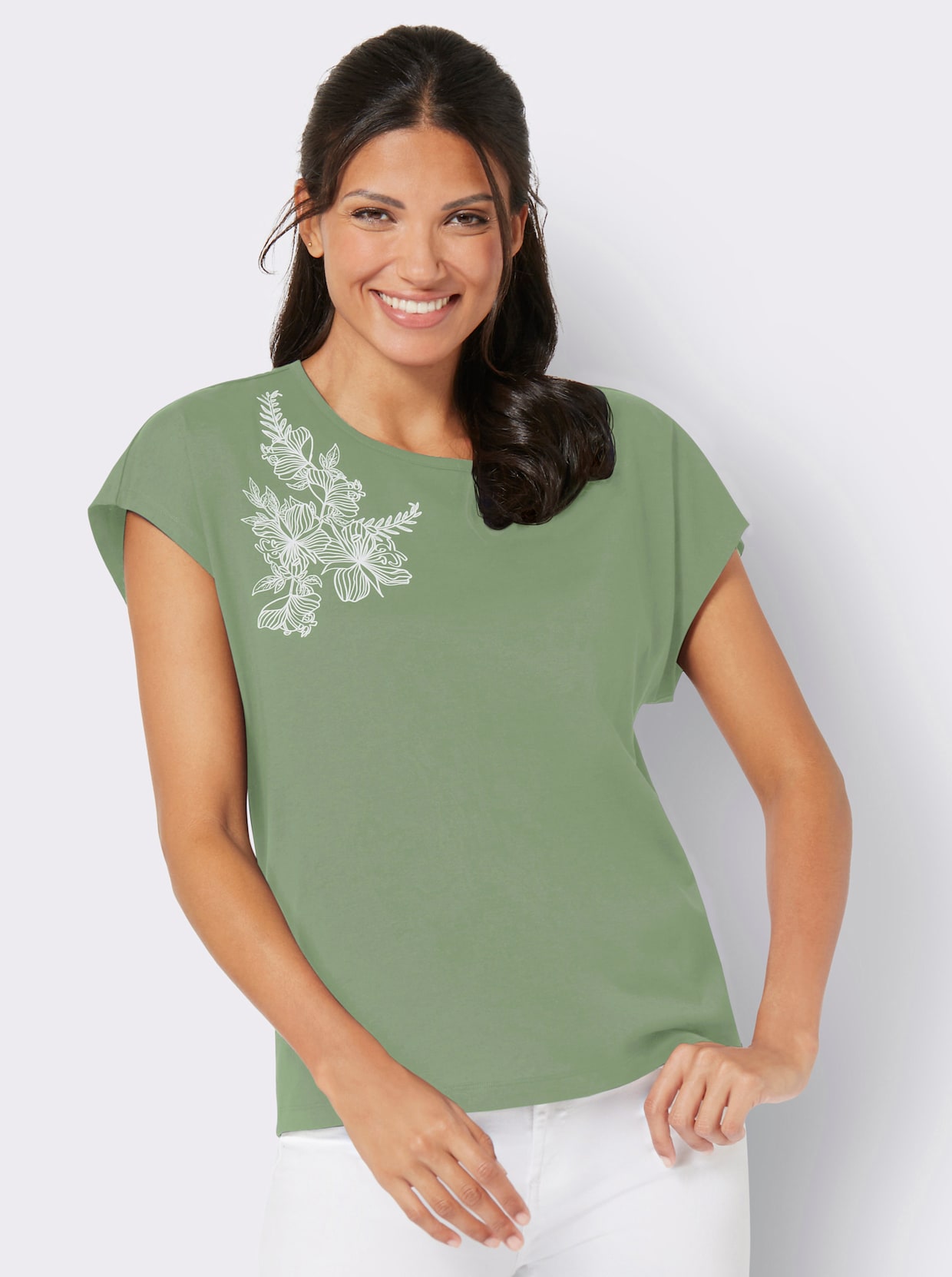 Shirt met ronde hals - eucalyptus/ecru