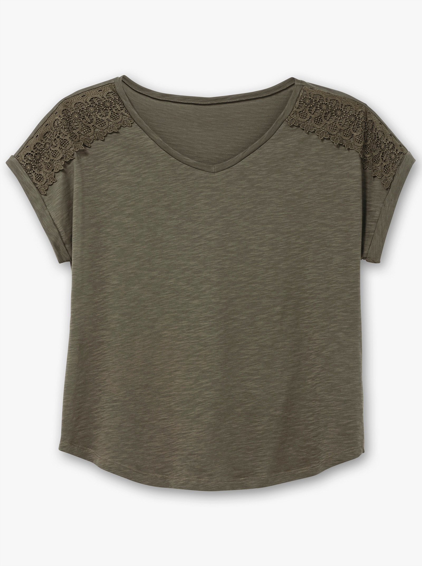 V-Shirt mit Spitzen-Besatz - oliv