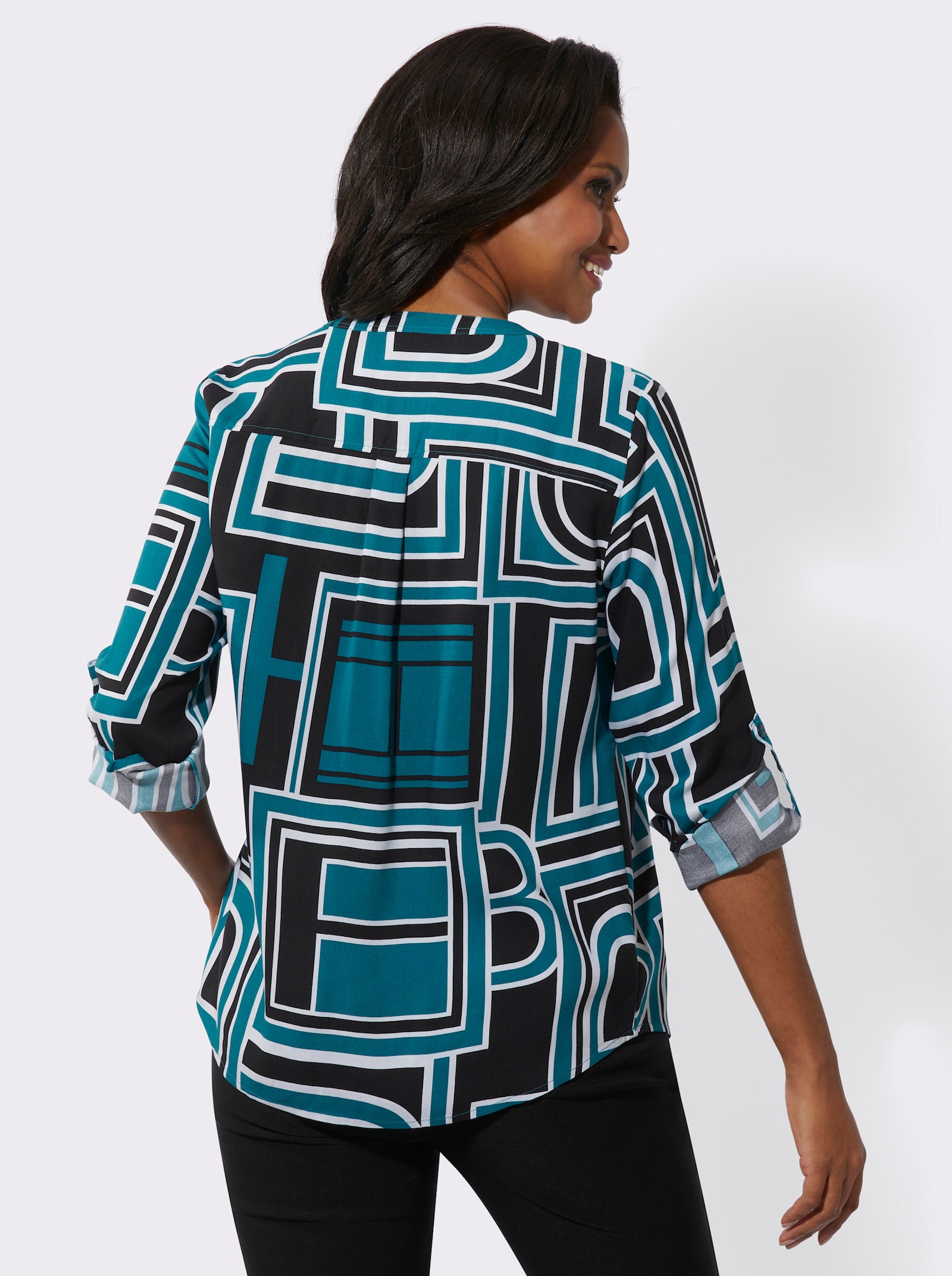 Schlupfbluse mit Krempelärmeln - aquapetrol-schwarz