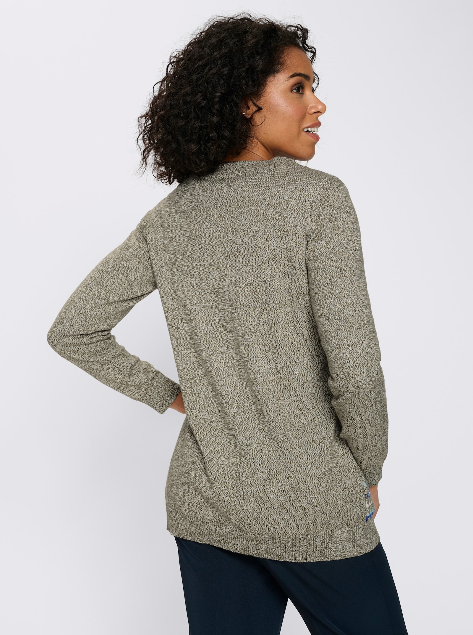 Longstrickjacke im Norweger-Muster - oliv-royalblau-gemustert