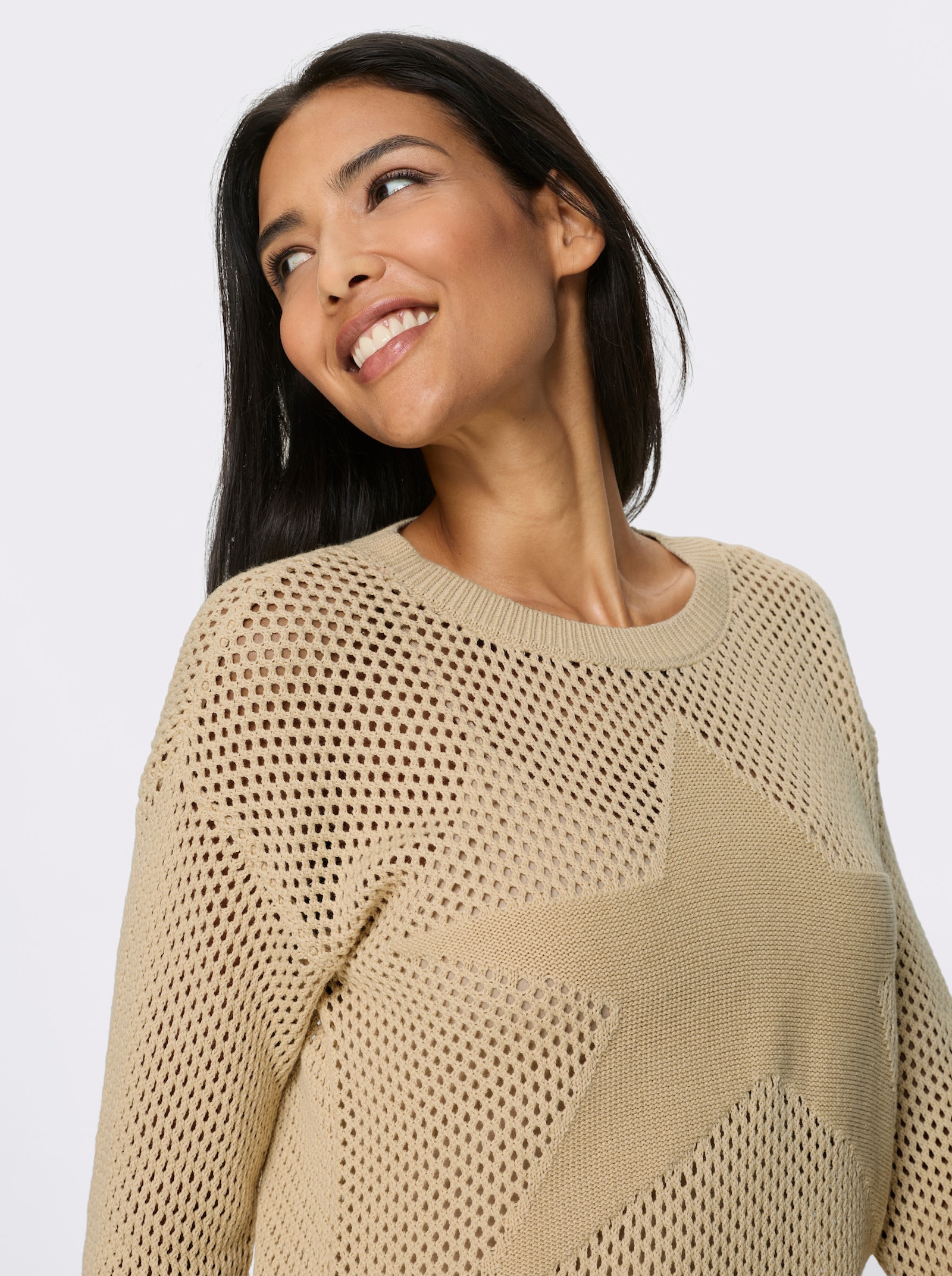 Ajourpullover mit eingestricktem Stern vorne - sand
