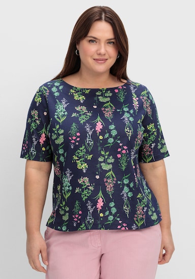Rundhalsshirt im floralen Dessin - marine-altrosa-bedruckt
