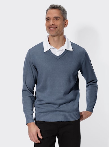 2-in-1-Pullover mit gewebtem Hemdkragen - ecru-rauchblau