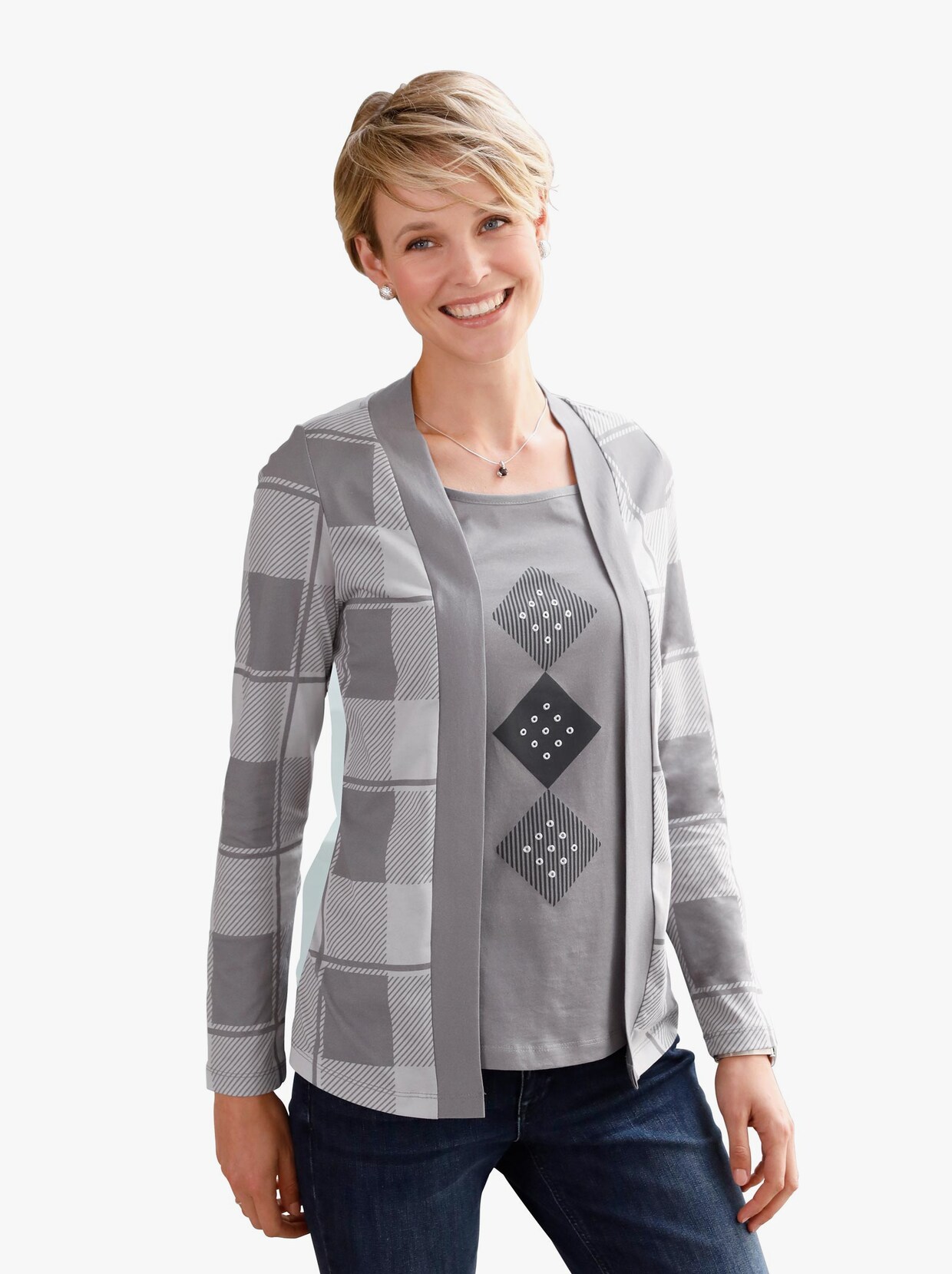 2-in-1-shirt met lange mouwen - grijs geruit