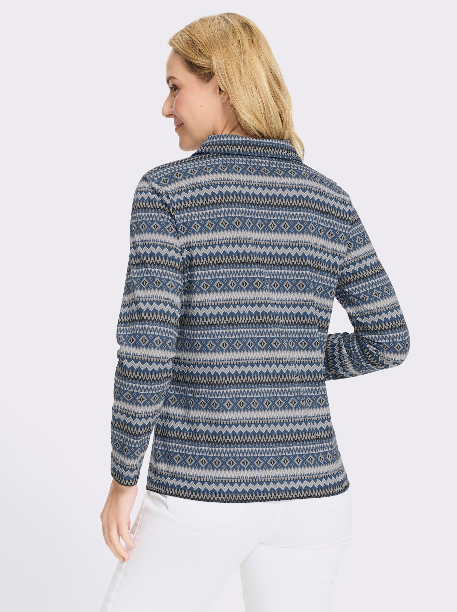 Langarmshirt mit Polokragen - jeansblau-ecru-bedruckt