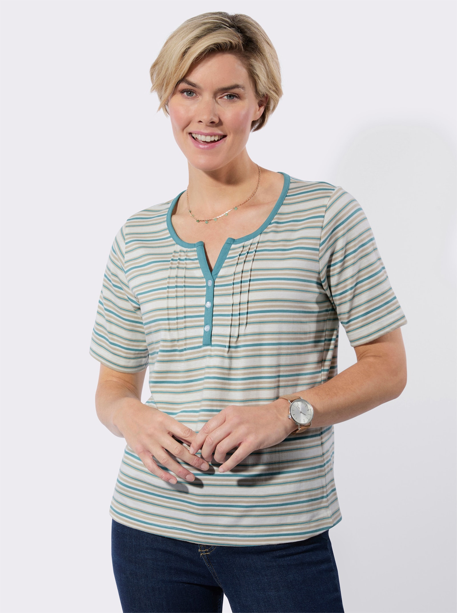 Shirt mit Biesenverzierung - ecru-ozean-geringelt