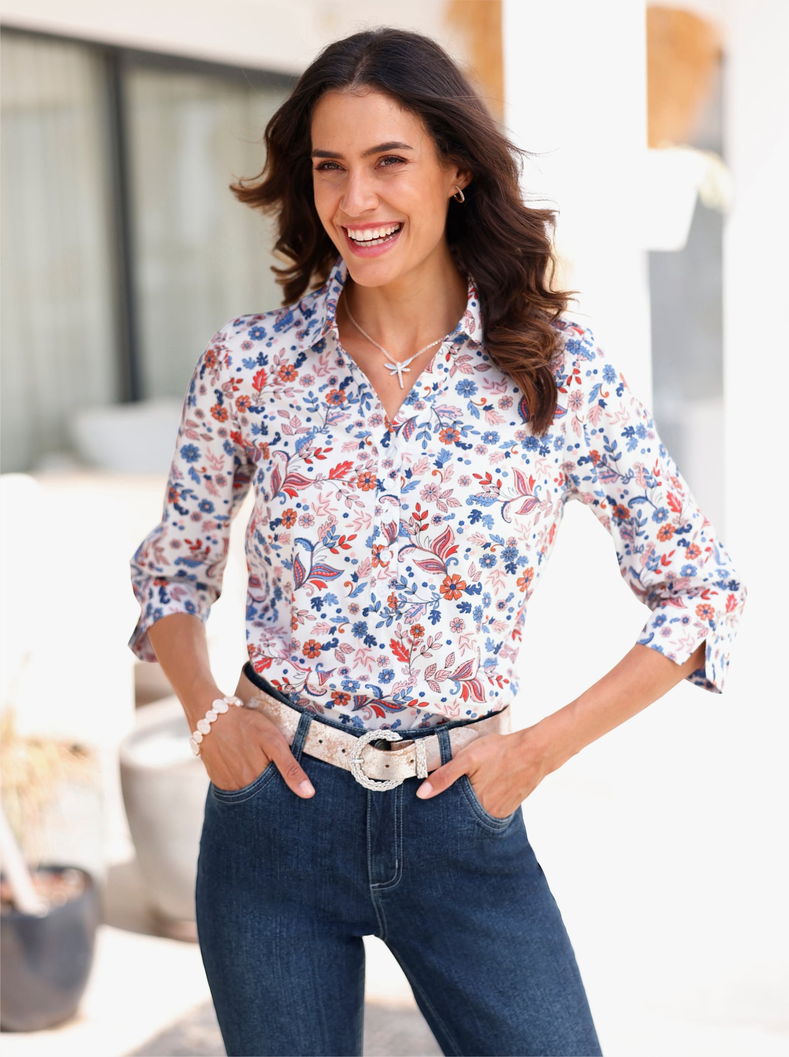 Baumwollbluse zum Schlupfen - weiss-rosenquarz-bedruckt