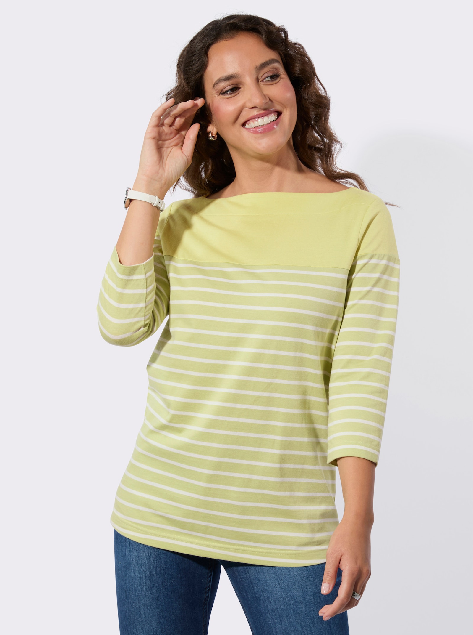 Ringelshirt mit 3/4 Ärmeln - lindgrün-ecru-geringelt