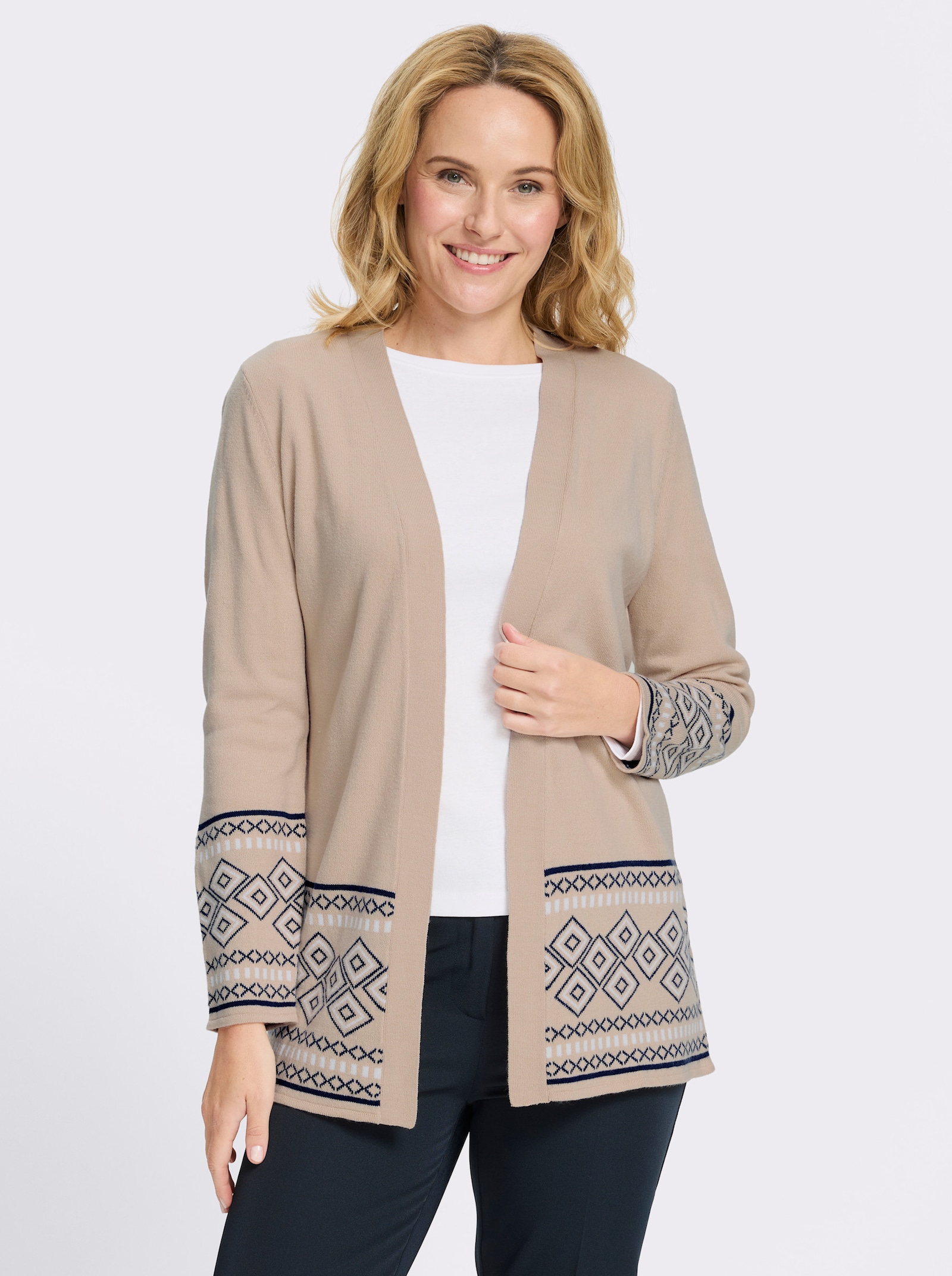 Longstrickjacke mit Bordüren-Muster - beige-marine