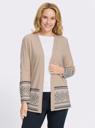 Longstrickjacke mit Bordüren-Muster - beige-marine