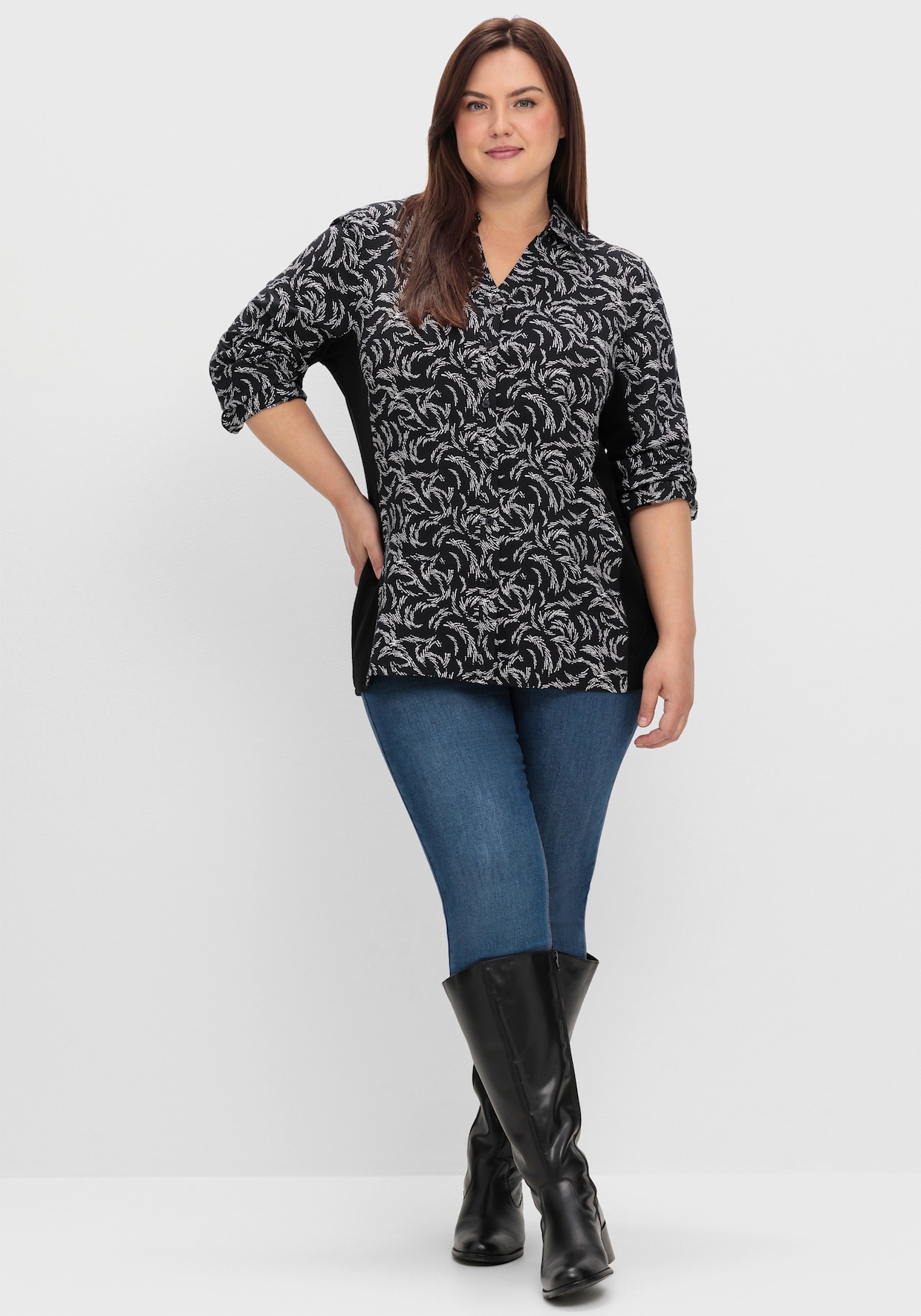 sheego Katoenen blouse - zwart/wit gedessineerd
