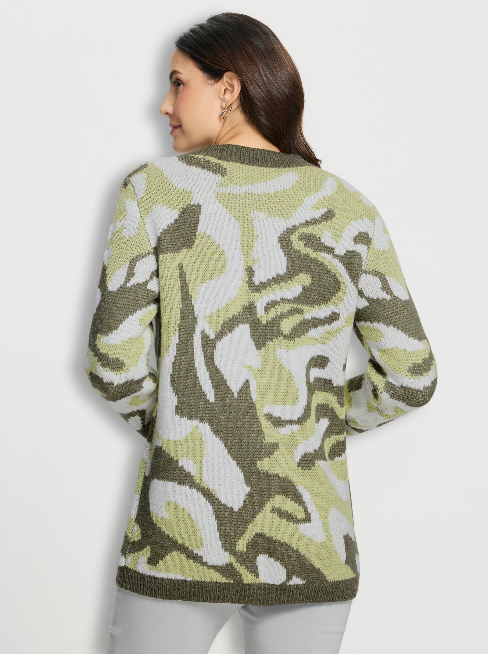 Jacquardstrickjacke in offener Form - pistazie-khaki-gemustert