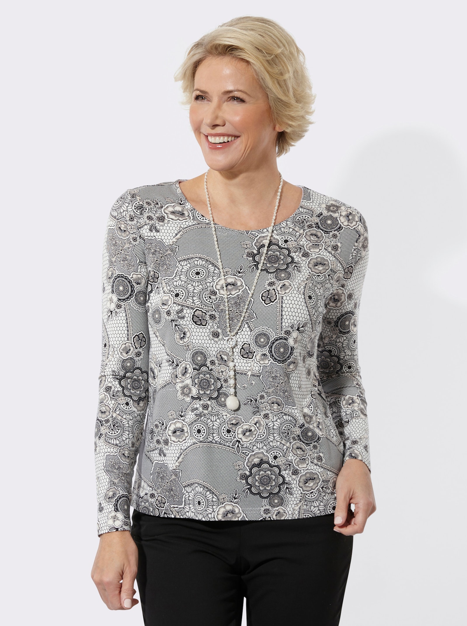 Rundhalsshirt mit floralem Print - ecru-sesam-bedruckt