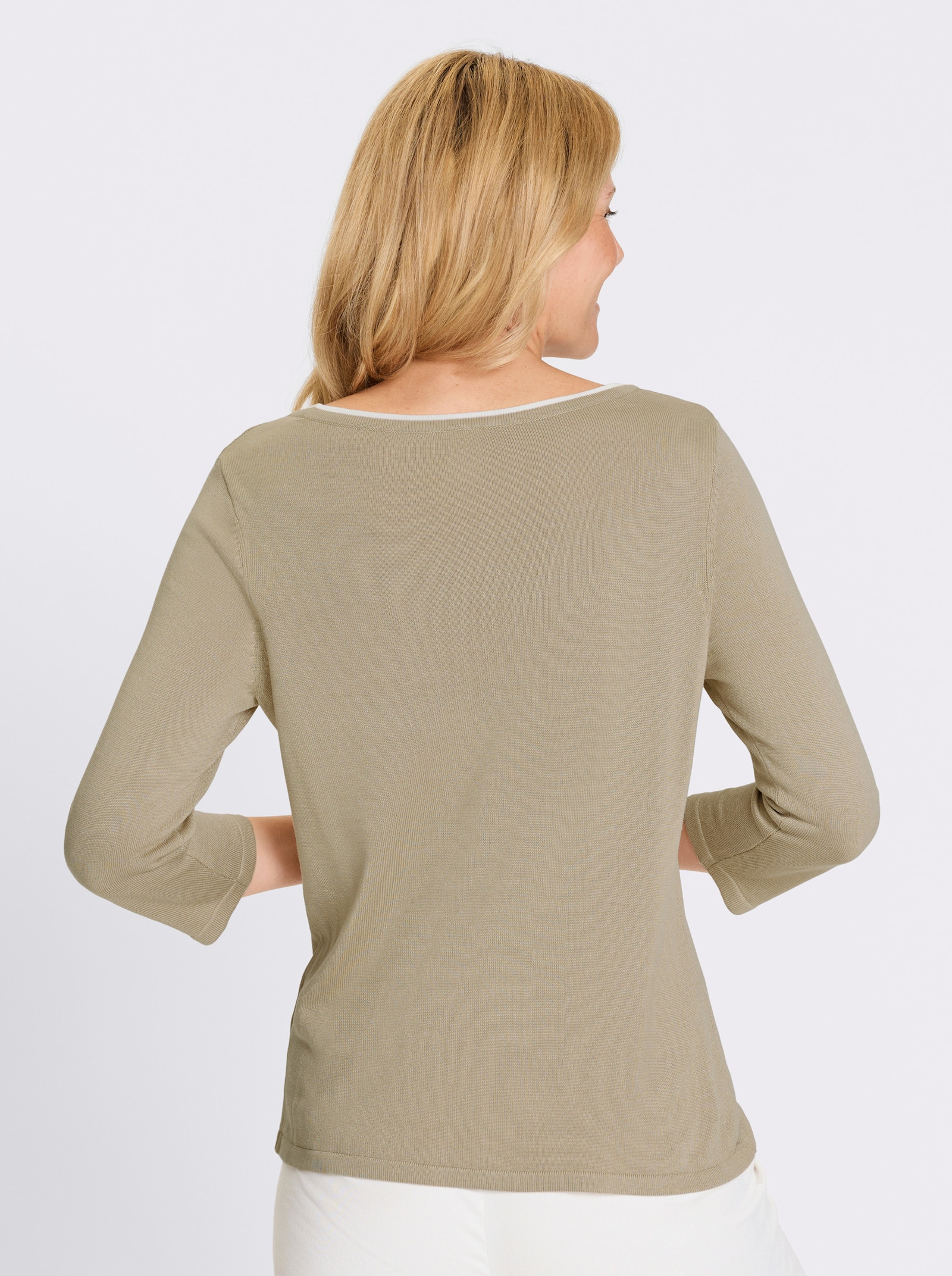 3/4 Arm-Pullover mit U-Boot-Ausschnitt - beige-weiss