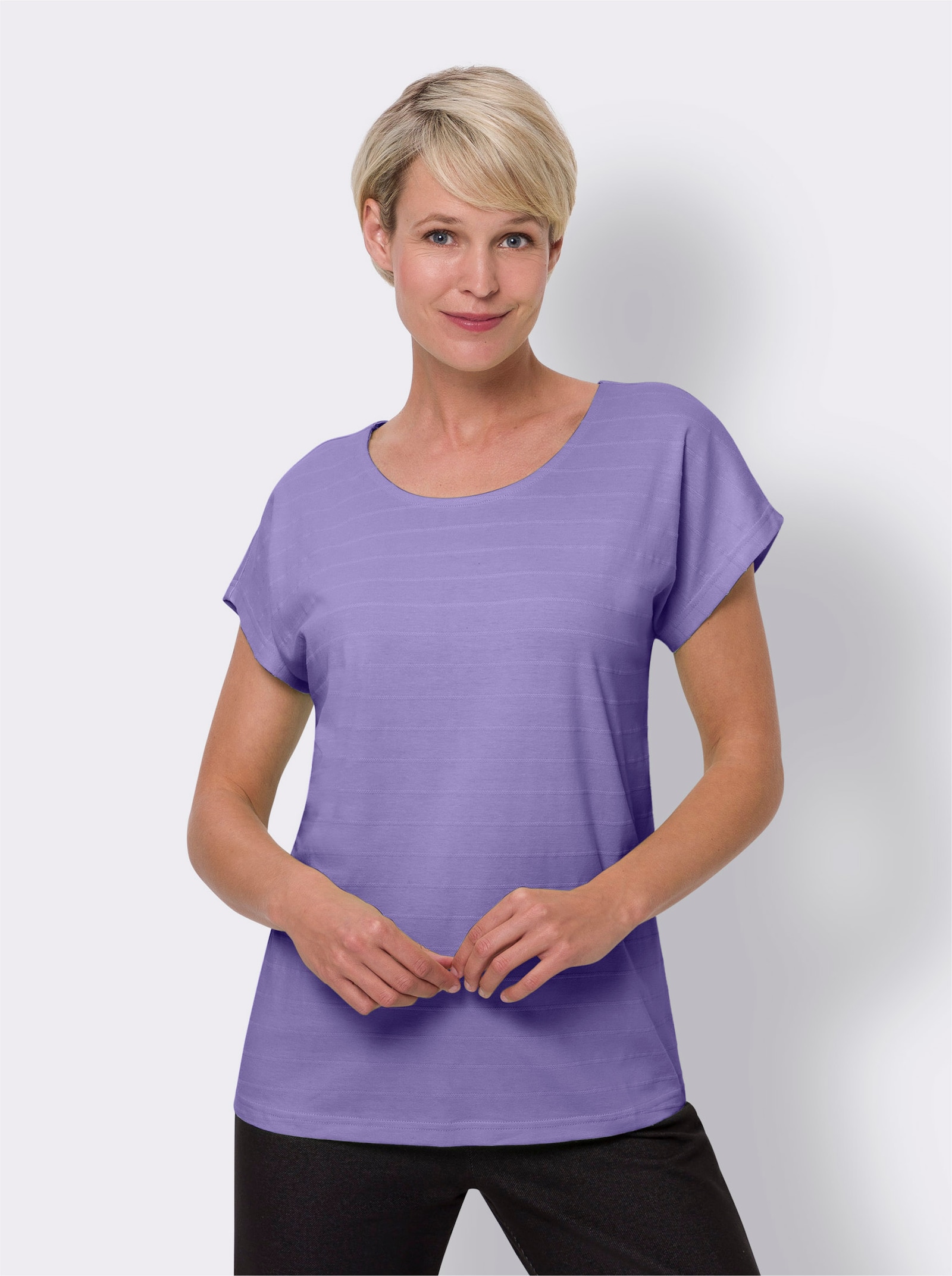 Shirt met ronde hals en gestructureerd streeppatroon - lavendel